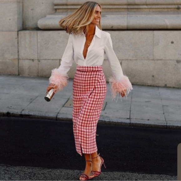 ZARA Tweed Textured Weave Houndstooth Faux Wrap Slit Midi Skirt Raspberry Pink S - Picture 2 of 16